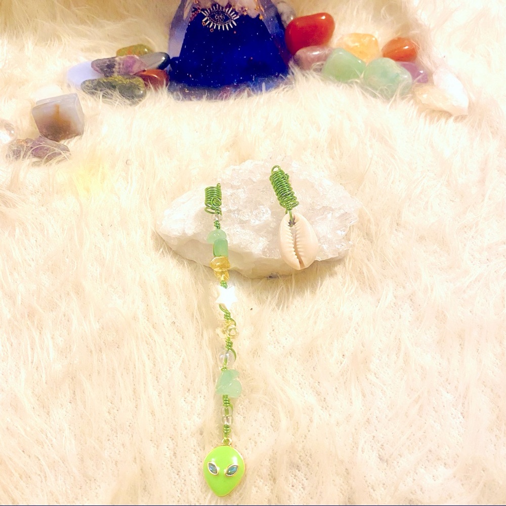 Hair Jewelry|Small|Locs&Braid|Green Alien w Crystals and Copper|2 Piece Set